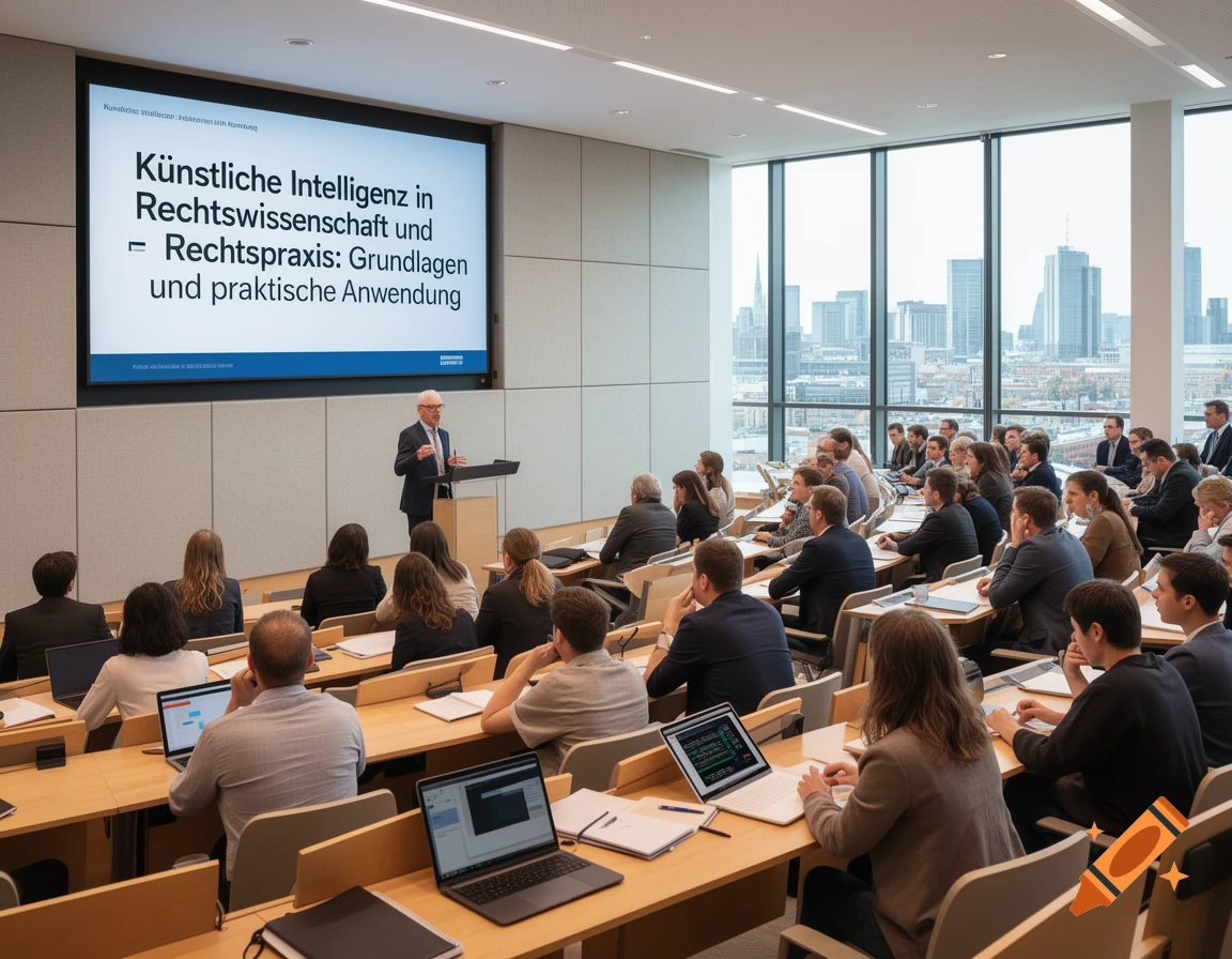 A professor lectures a large class on "Artificial Intelligence in Law" in a modern lecture hall with a city skyline view.