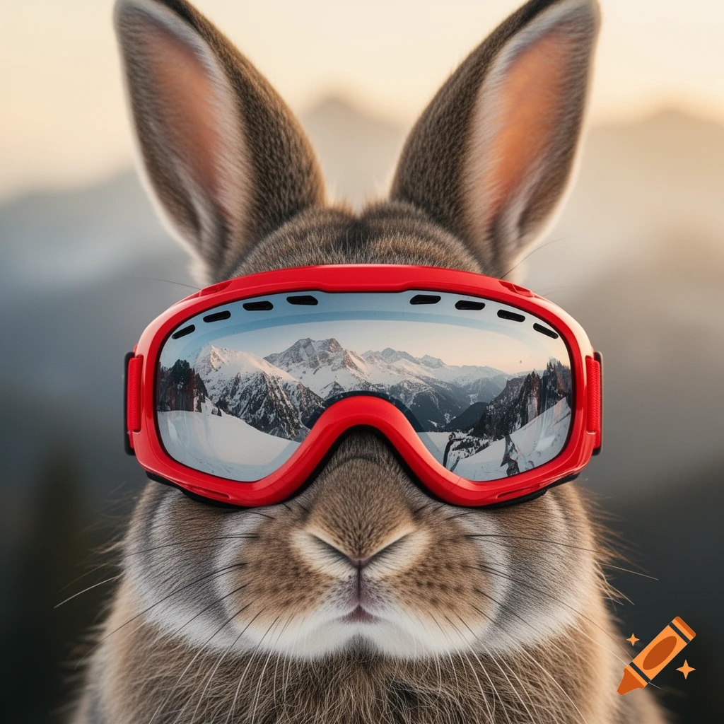 Close-up of a fluffy brown rabbit wearing red ski goggles that reflect snowy mountains under a soft sky, photorealistic style.
