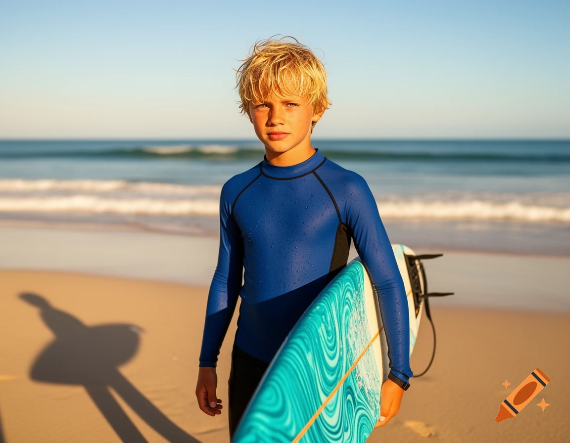 A blonde boy in a blue wetsuit stands on a sandy beach, holding a surfboard with the ocean and waves in the background.