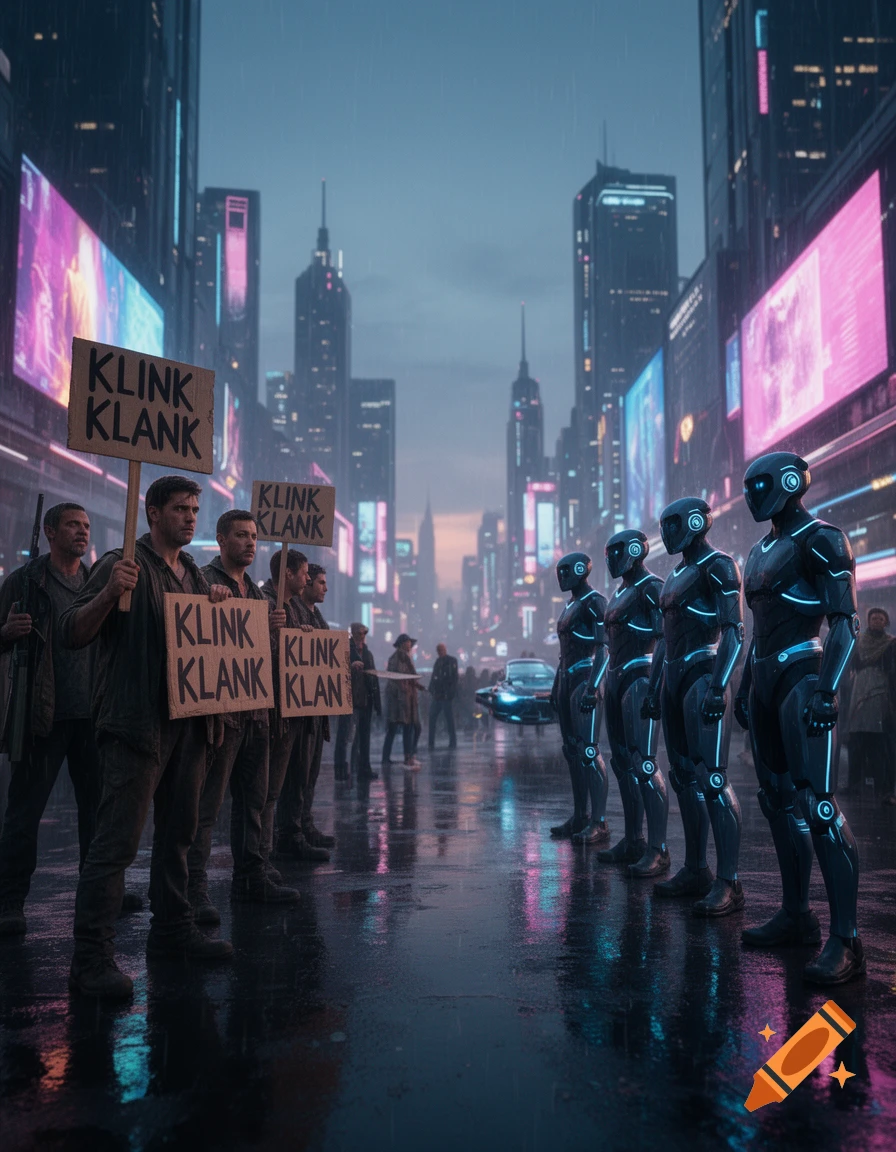 A futuristic city street at dusk, wet from rain, where humans holding "KLINK KLANK" signs face off against a line of sleek, dark humanoid robots with glowing blue accents.