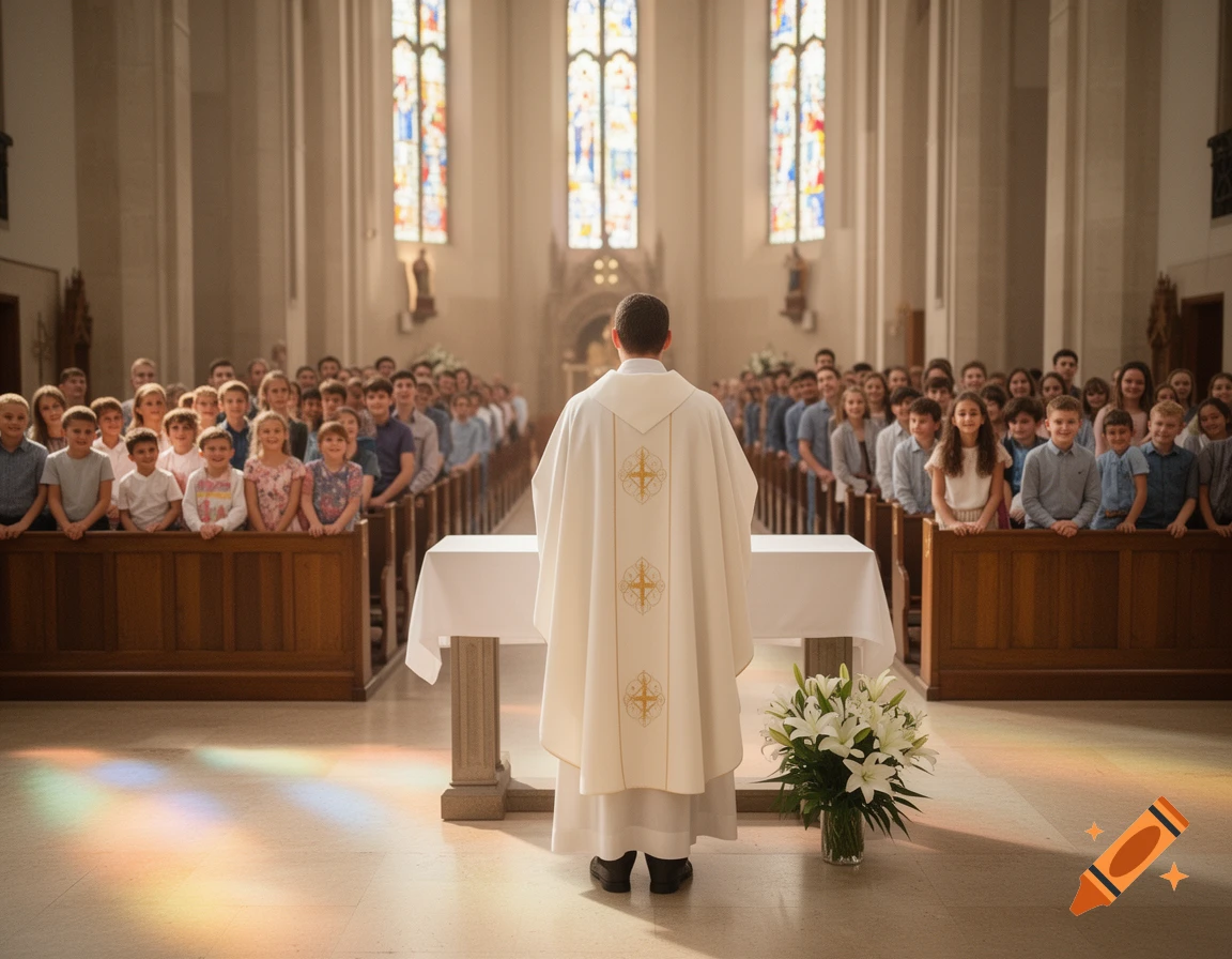 A priest in white vestments faces a large congregation of adults and children in a sunlit church, with stained glass windows casting colorful light.