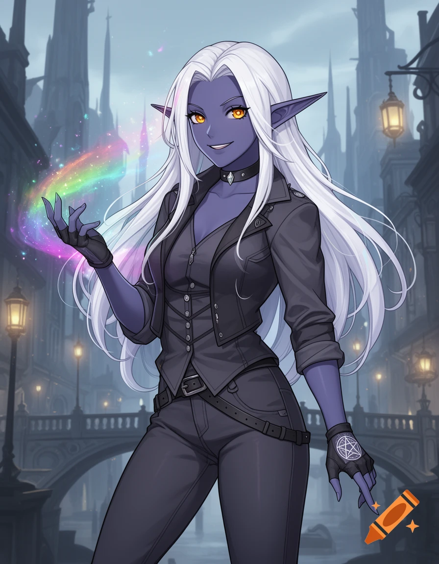 An anime-style female Drow elf with long white hair, dark indigo skin ...