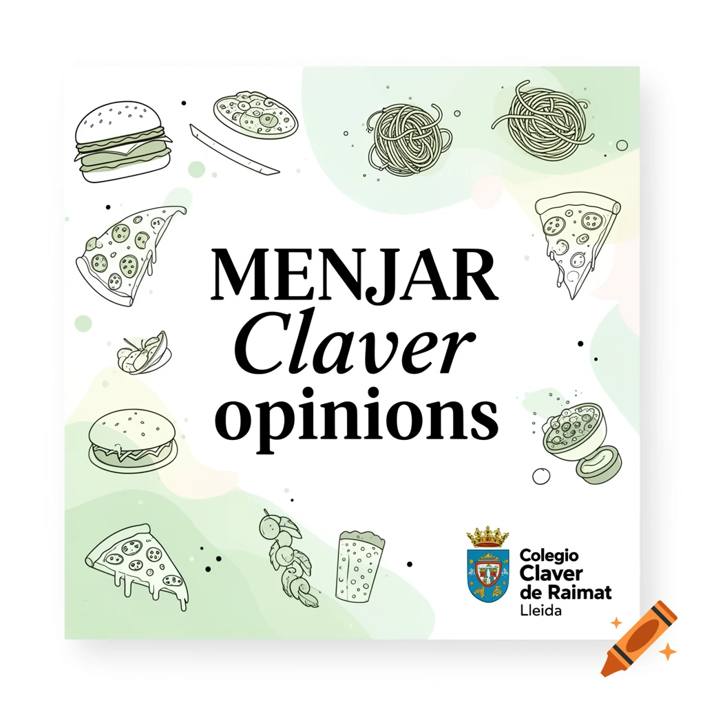 A minimalist green and white social media post with line art food illustrations and text "MENJAR Claver opinions" and a school logo.