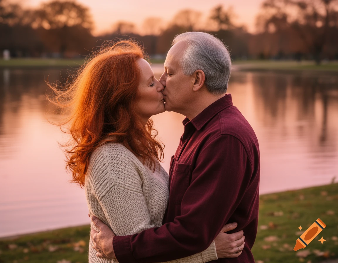 A red-haired woman and a man with gray hair kiss, embracing by a lake at sunset, in a warm, photorealistic style.