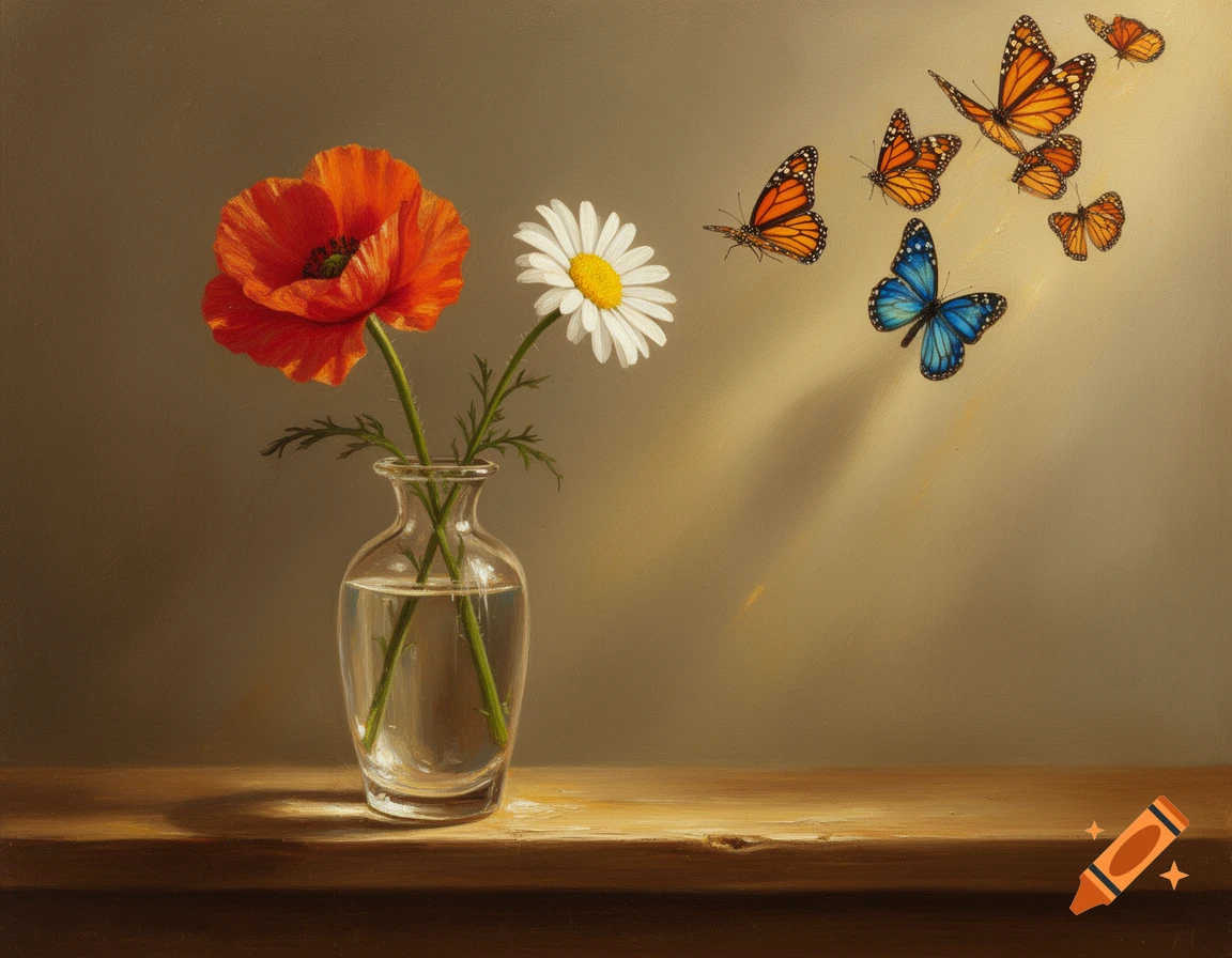 Oil painting of a red poppy and white daisy in a glass vase on a wooden table, with monarch and blue butterflies flying.