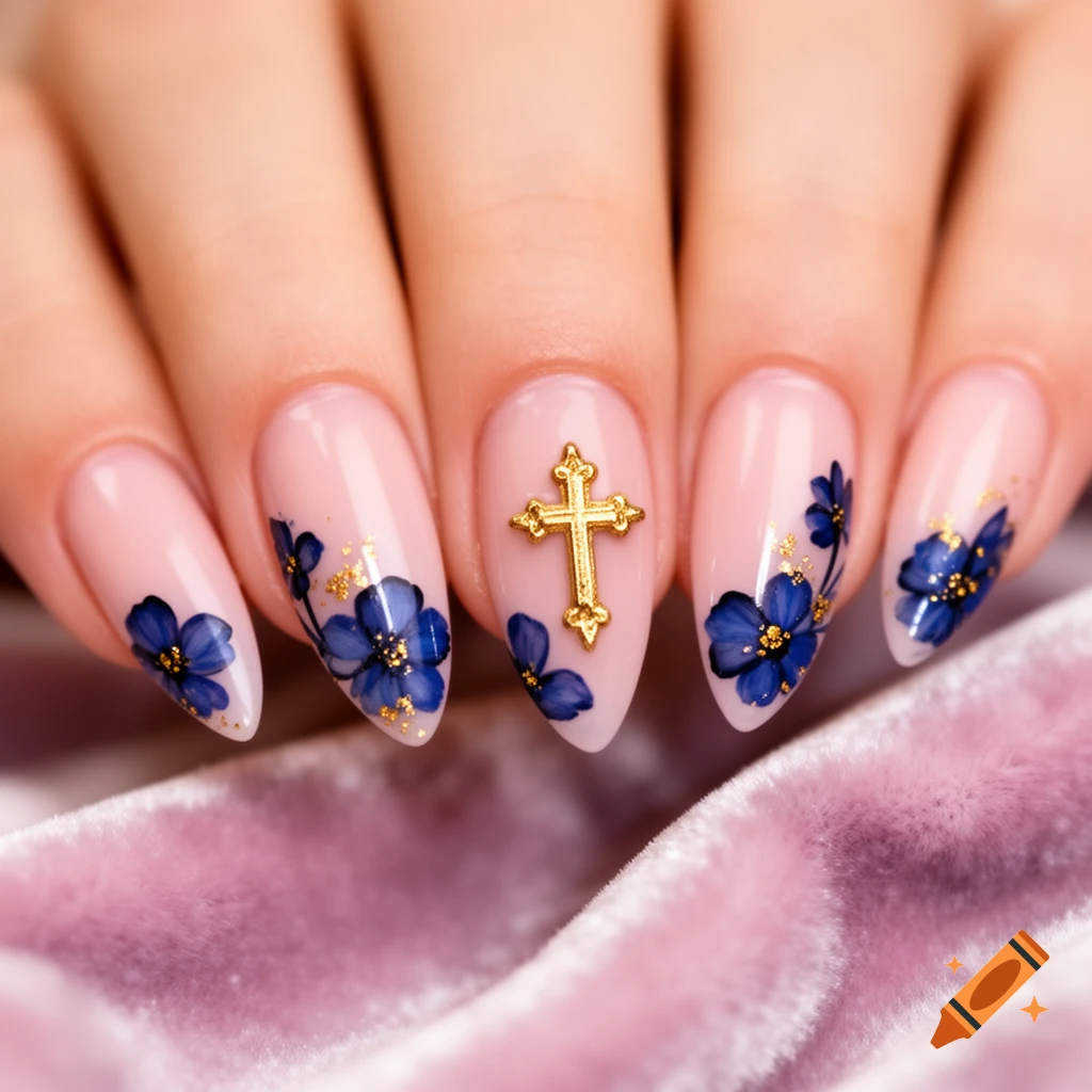 Close-up of a hand with almond-shaped gel nails. The middle nail has a golden cross, others have blue flowers and golden flakes on pink velvet.