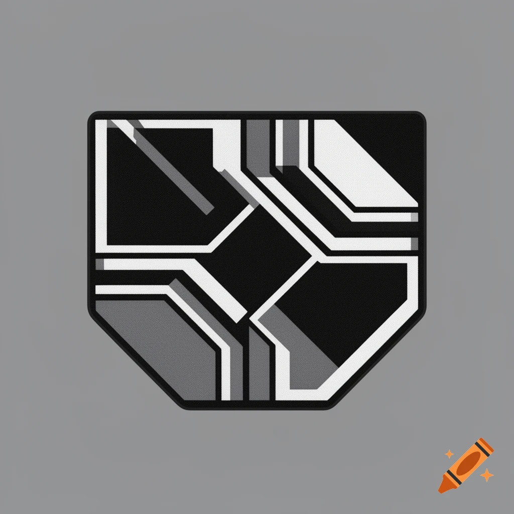 Abstract black, white, and gray geometric design with sharp lines, resembling a futuristic decal.