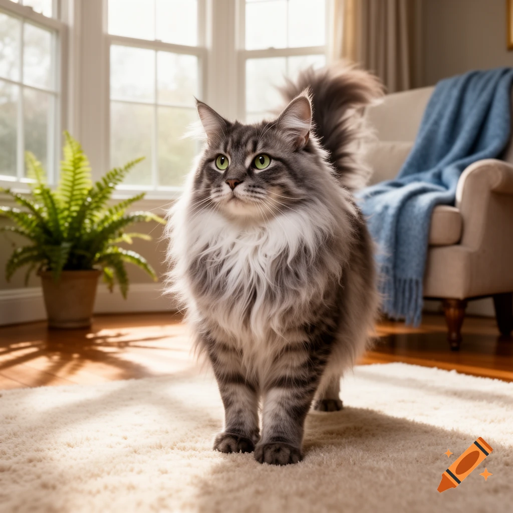 A fluffy gray and white long-haired cat with green eyes stands on a light rug in a sunlit living room.
