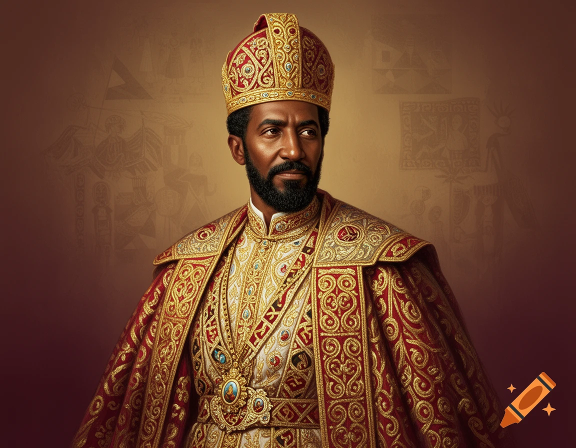A regal portrait of a man, likely Haile Selassie I, wearing an elaborate gold and red crown and embroidered robes.