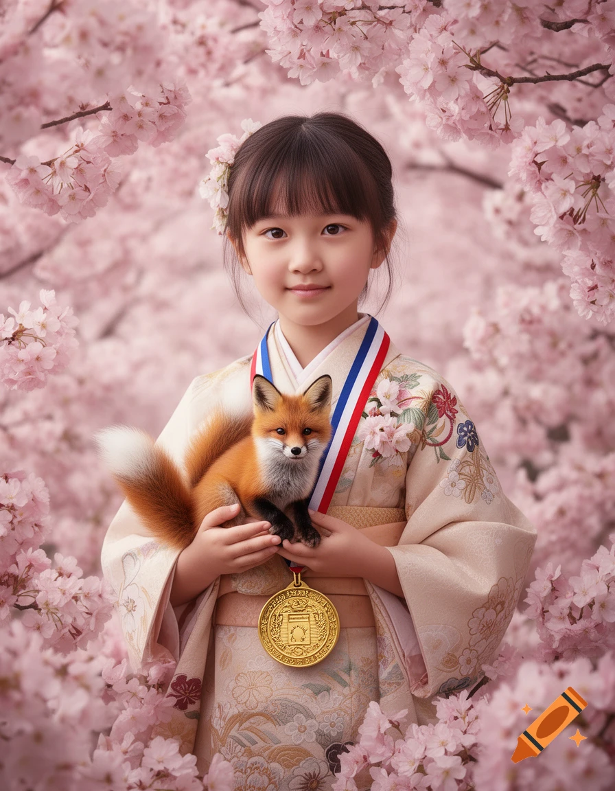 A smiling girl in a kimono holds a small fox and a gold medal amidst pink cherry blossoms. Photorealistic.