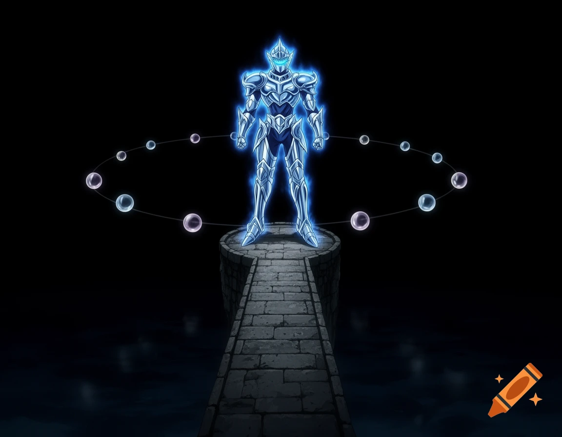 Blue glowing anime knight in armor on a stone pillar with floating orbs against a dark background.