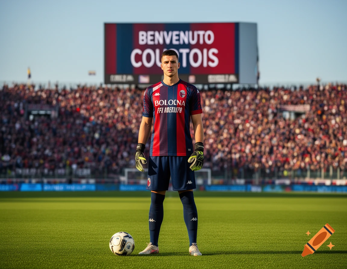 A photorealistic image of a male soccer player in a red and blue jersey and blue shorts, standing on a green field in a stadium, with a scoreboard in the background reading 'BENVENUTO COURTOIS'.