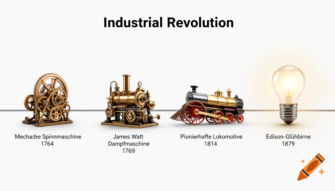 An infographic on the Industrial Revolution, showing a gear machine, a steam engine, a train, and a light bulb, each with a date.