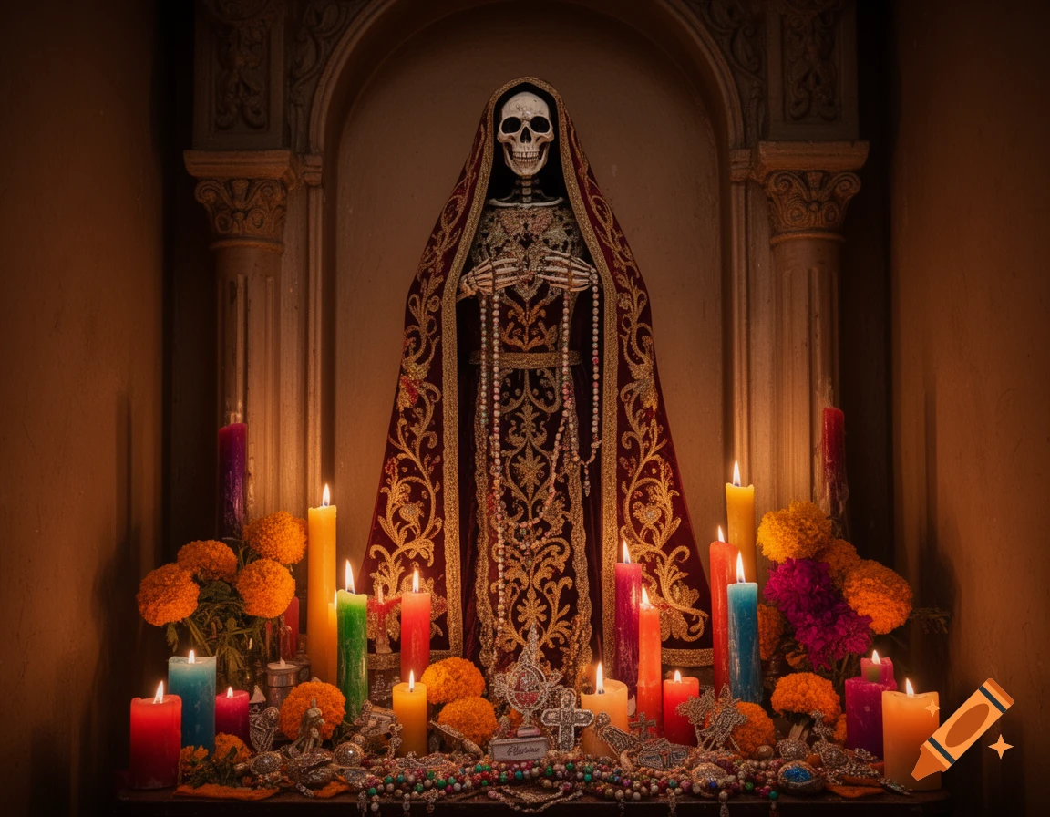 A skeletal Santa Muerte figure in ornate robes stands behind a candle-lit altar with marigolds, beads, and crosses.