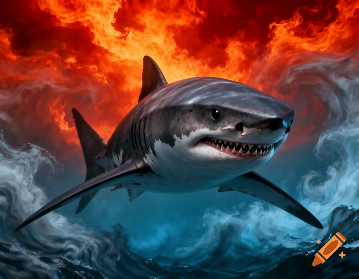 A menacing great white shark with sharp teeth against a dramatic backdrop of fiery red clouds and swirling blue water.