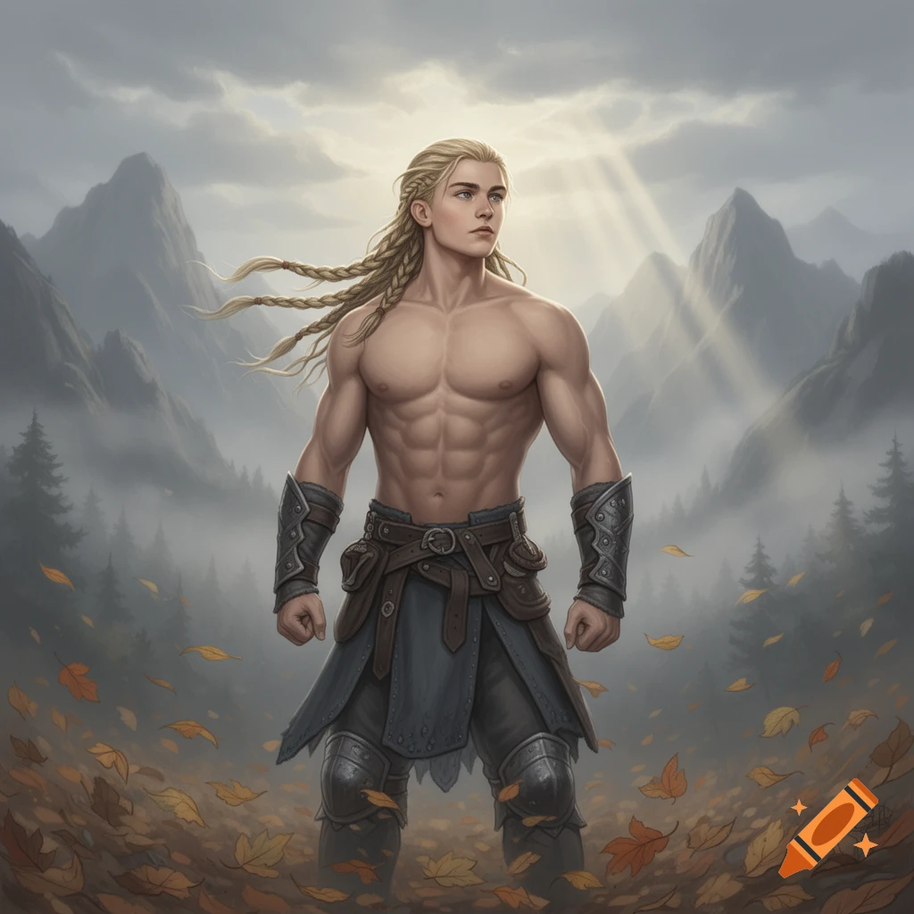 Muscular blond male warrior with braids, wearing armor, stands on a leaf-strewn forest floor with misty mountains and sun rays in a fantasy art style.