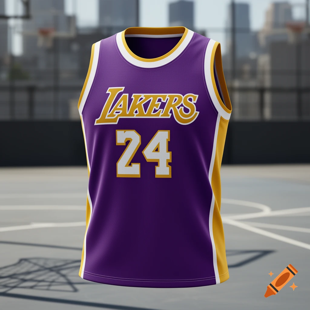 A photorealistic purple and gold Lakers basketball jersey with 'LAKERS' and '24' on the front, floating over a blurred outdoor court and city background.