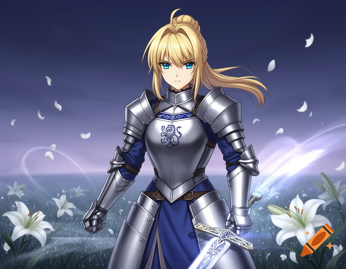 An anime knight with blonde hair in silver armor holds a glowing sword, standing among white lilies under a twilight sky.