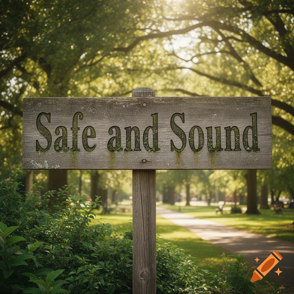 Weathered wooden sign with 'Safe and Sound' text, carved out with moss, in a sunny park setting with lush trees and a path.
