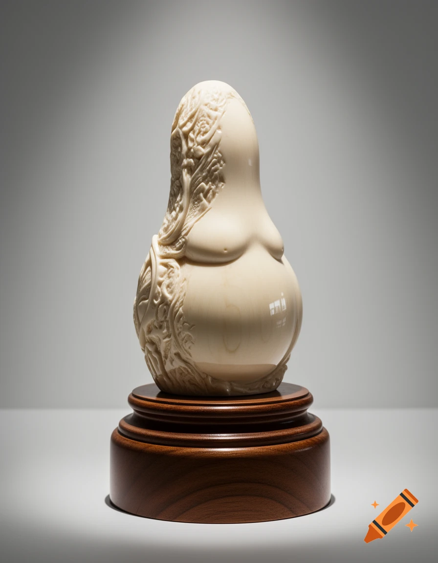 Cream-colored, gourd-shaped sculpture with ornate carvings on a tiered wooden base against a gray background.