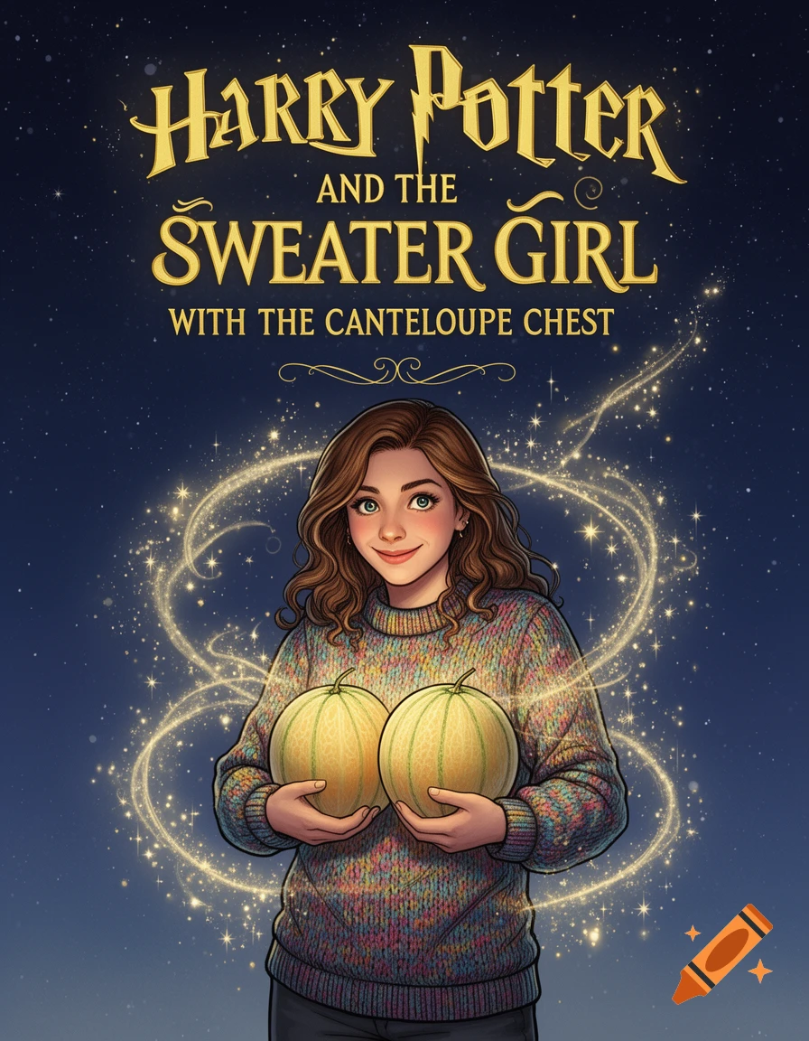 A stylized book cover titled "Harry Potter and the Sweater Girl with the Canteloupe Chest" features a smiling woman in a colorful sweater holding two cantaloupes, surrounded by magical light.