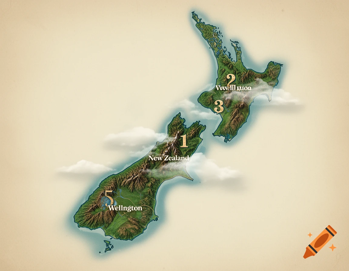 Topographical map of New Zealand with numbers marking locations and some cities labeled.