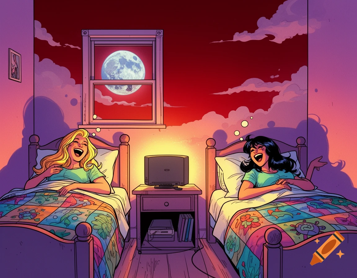 Two smiling comic women with blonde and dark hair in beds in a colorful bedroom, laughing while watching TV under a full moon.