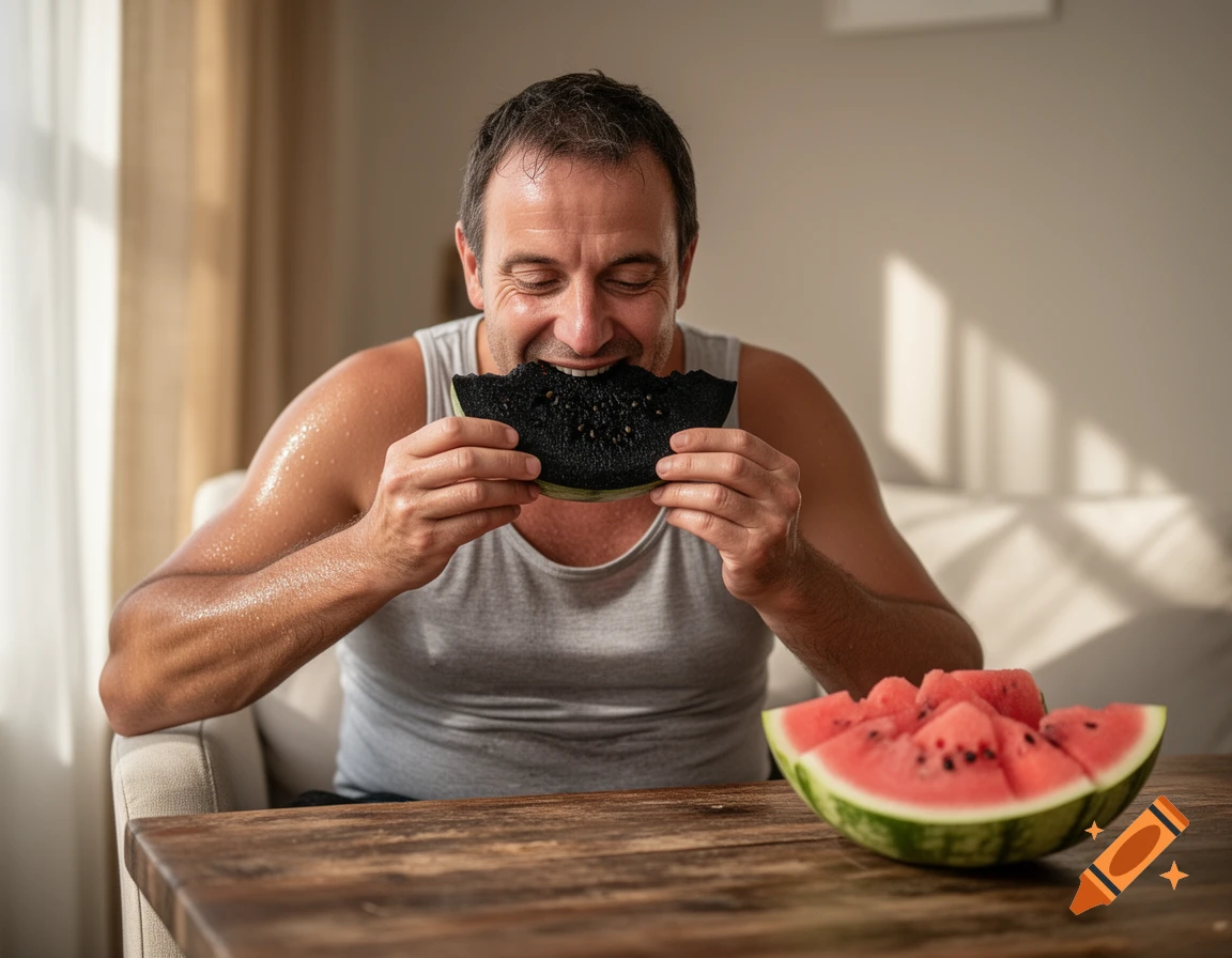 A man in a tank top smiles while eating a slice of black watermelon at a wooden table, with red watermelon pieces nearby.