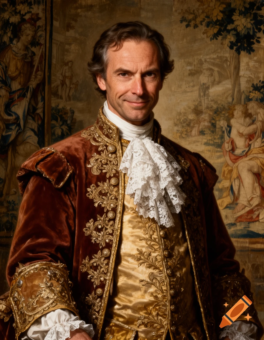 A photorealistic portrait of a smiling man with curly brown hair, dressed in an opulent red velvet coat with gold embroidery and a white cravat, against a historical tapestry.