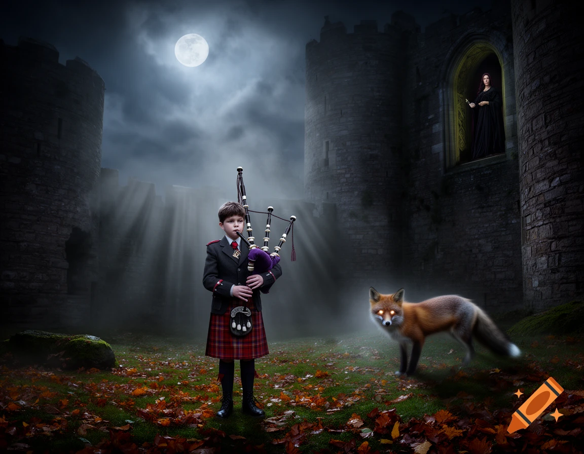 A young boy in a kilt plays bagpipes under a full moon by a castle, with a glowing-eyed fox and a woman in a window. Dark fantasy.