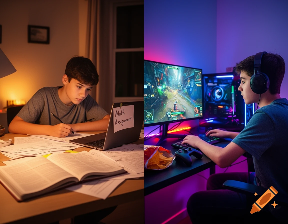 Split image shows a boy studying at a desk with a lamp on the left and playing video games with headphones on the right.