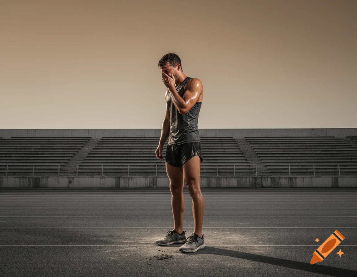 Sweaty male athlete stands on a running track, wiping his face in a stadium under a warm taupe sky.