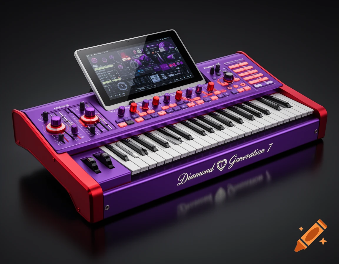 A modern purple and red synthesizer with a built-in tablet display, showing "Diamond ❤️ Generation 7" on its front face.