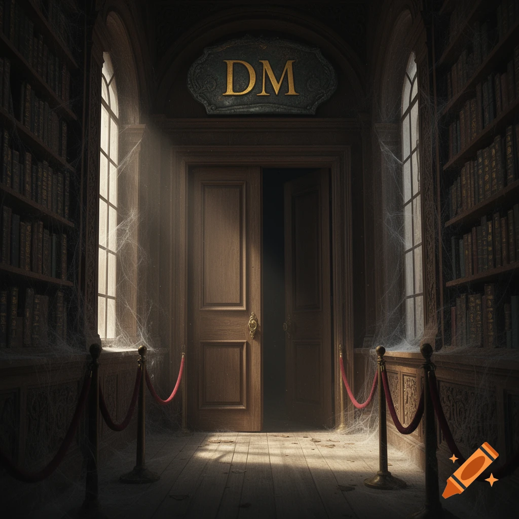 A dimly lit, cobweb-laden library entrance with a partially open wooden door and a "DM" sign above it, flanked by tall bookshelves and arched windows.