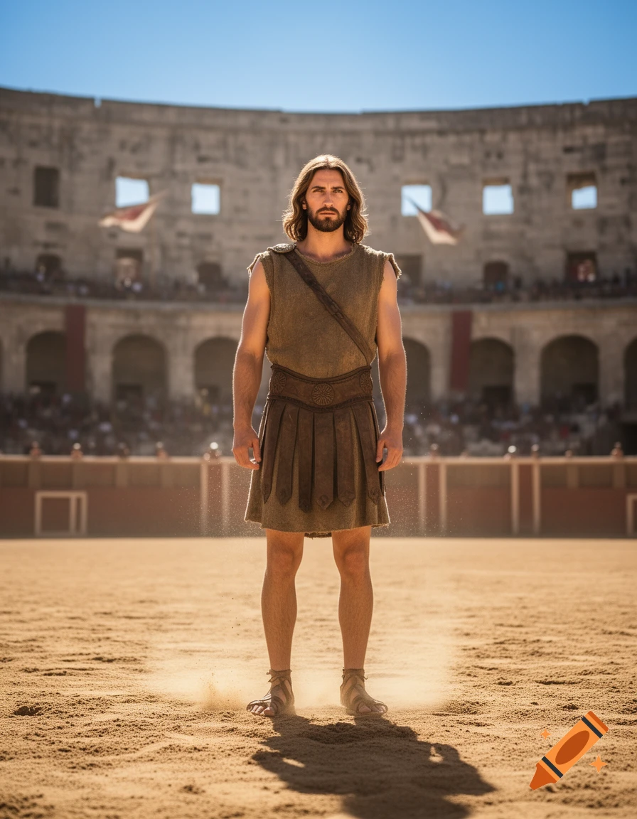 A man resembling Jesus in gladiatorial attire stands in a sandy arena under a clear sky, with crowds in the background.