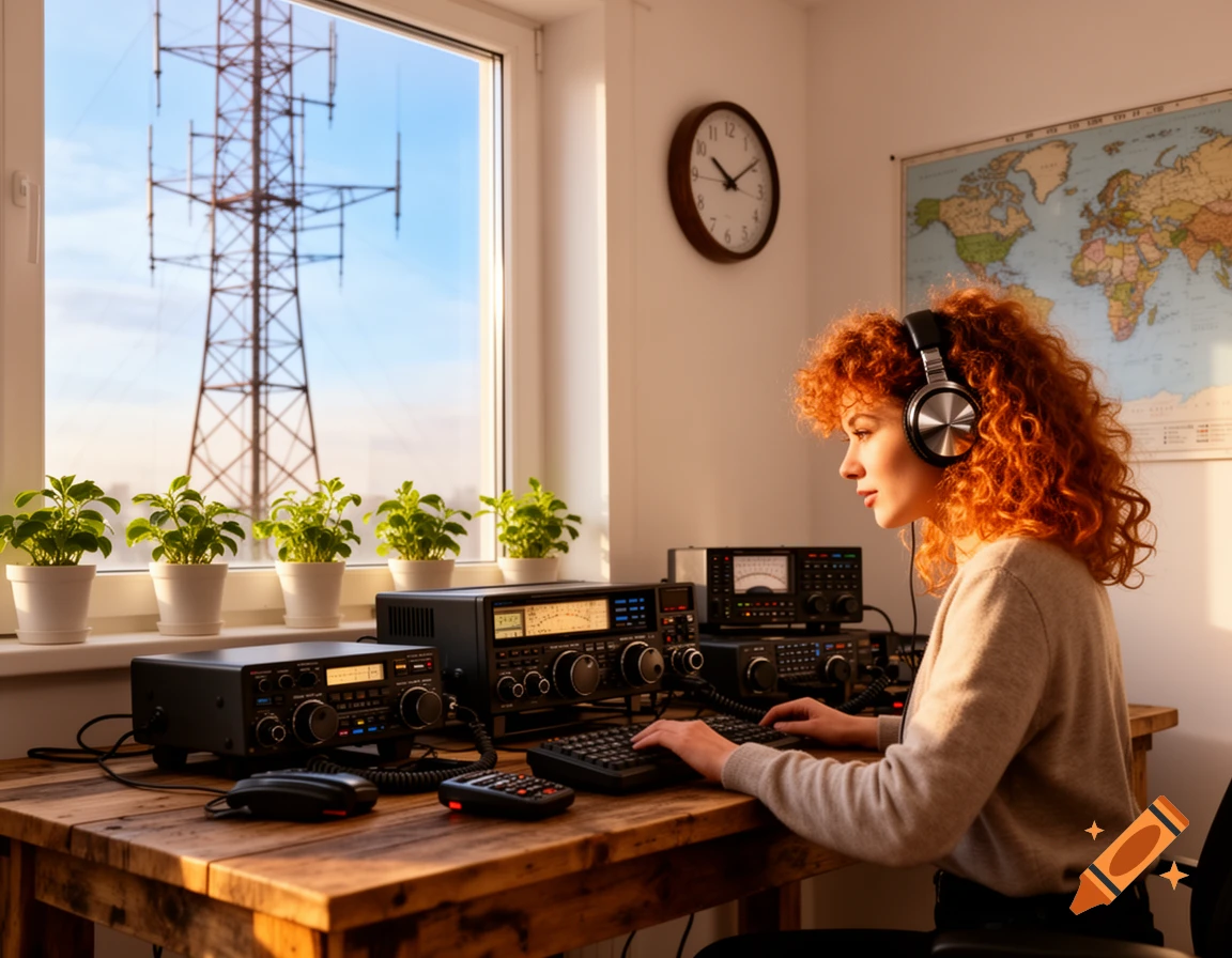 Young woman with red curly hair and headphones operating an amateur radio station at a wooden desk, with a power line tower visible outside a window.