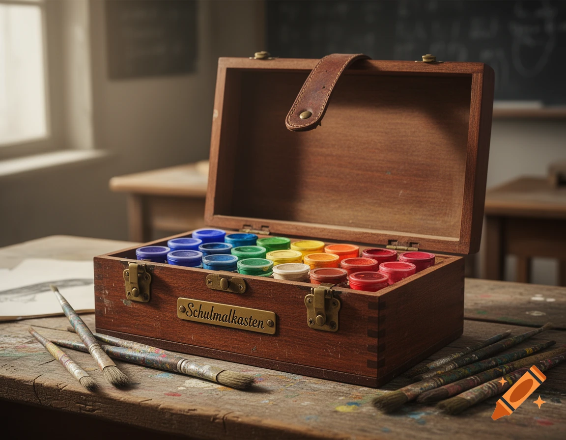 Photorealistic image of an open wooden box with colorful paint pots and brushes on a paint-splattered wooden desk.