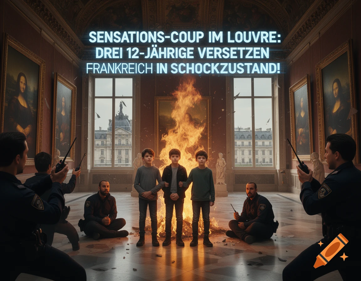 Dramatic scene in the Louvre with three boys standing calmly in front of a large fire, surrounded by police officers, with a headline "SENSATIONS-COUP IM LOUVRE" overlaid. The Mona Lisa paintings hang on the walls.