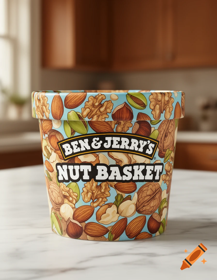 A photorealistic pint of Ben & Jerry's 'Nut Basket' ice cream on a marble counter in a kitchen.