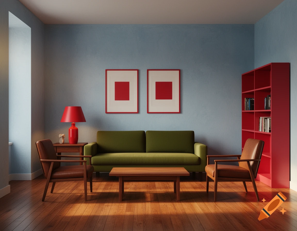 A minimalist living room with blue walls, a green sofa, brown leather chairs, a red lamp, red frames, and a red bookcase on a wood floor.