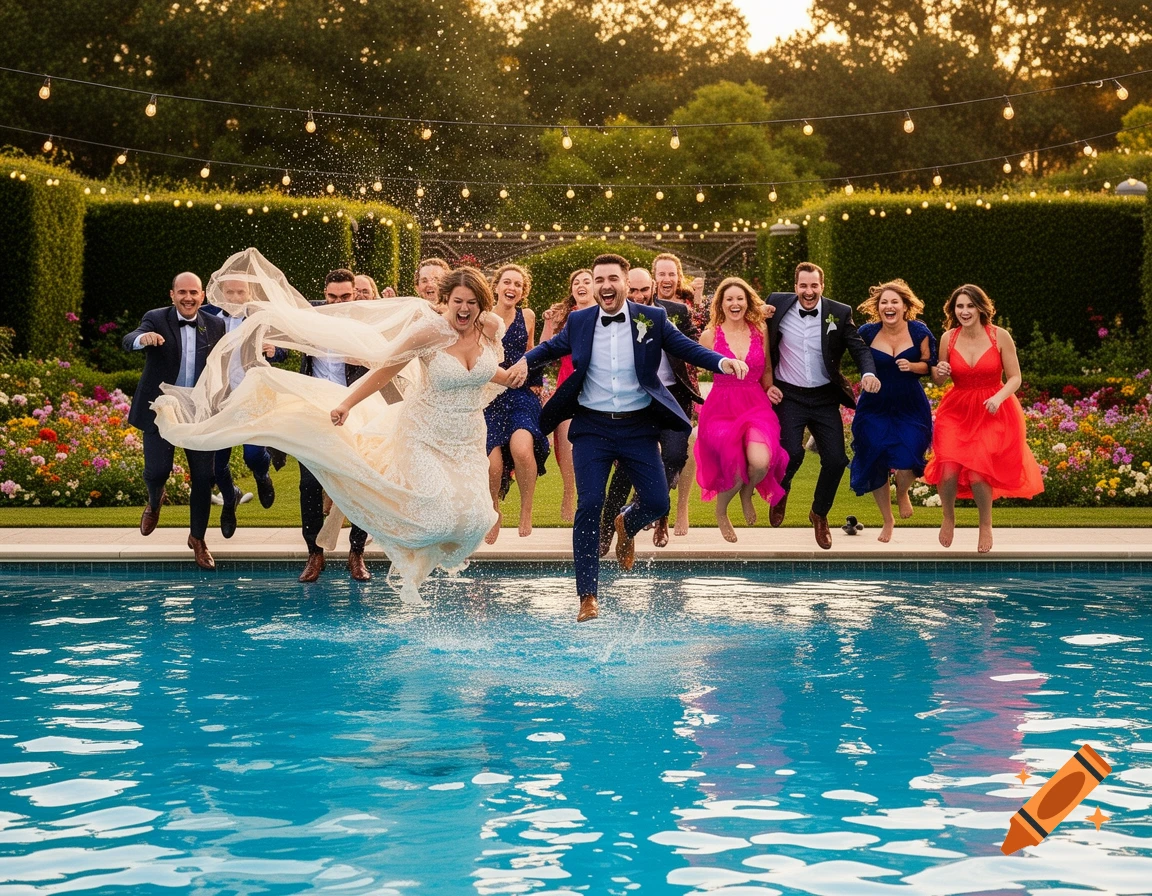 A joyful wedding party, including the bride and groom, jumps into a pool fully dressed, splashing water at sunset.