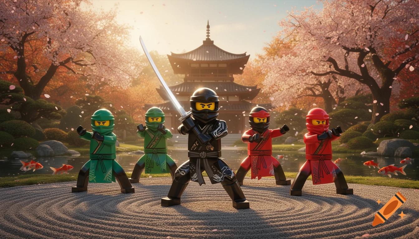 Five Lego Ninjago figures, one with a sword, posing in a vibrant Japanese garden with cherry blossoms, a temple, and koi pond.
