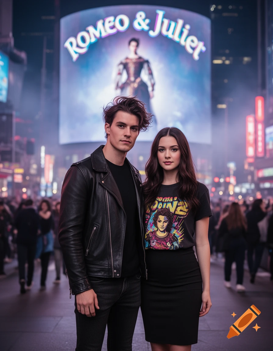 A man in a leather jacket and a woman in a black skirt stand in a city street at night, with a large 'ROMEO & Juliet' billboard behind them. Photorealistic style.