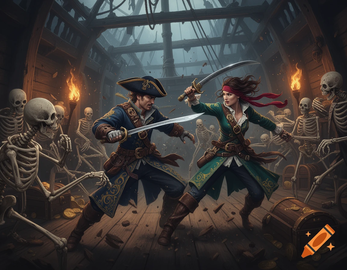 Two pirates sword-fighting a horde of skeletons and treasure chests inside a dark ship, lit by torches in a fantasy art style.