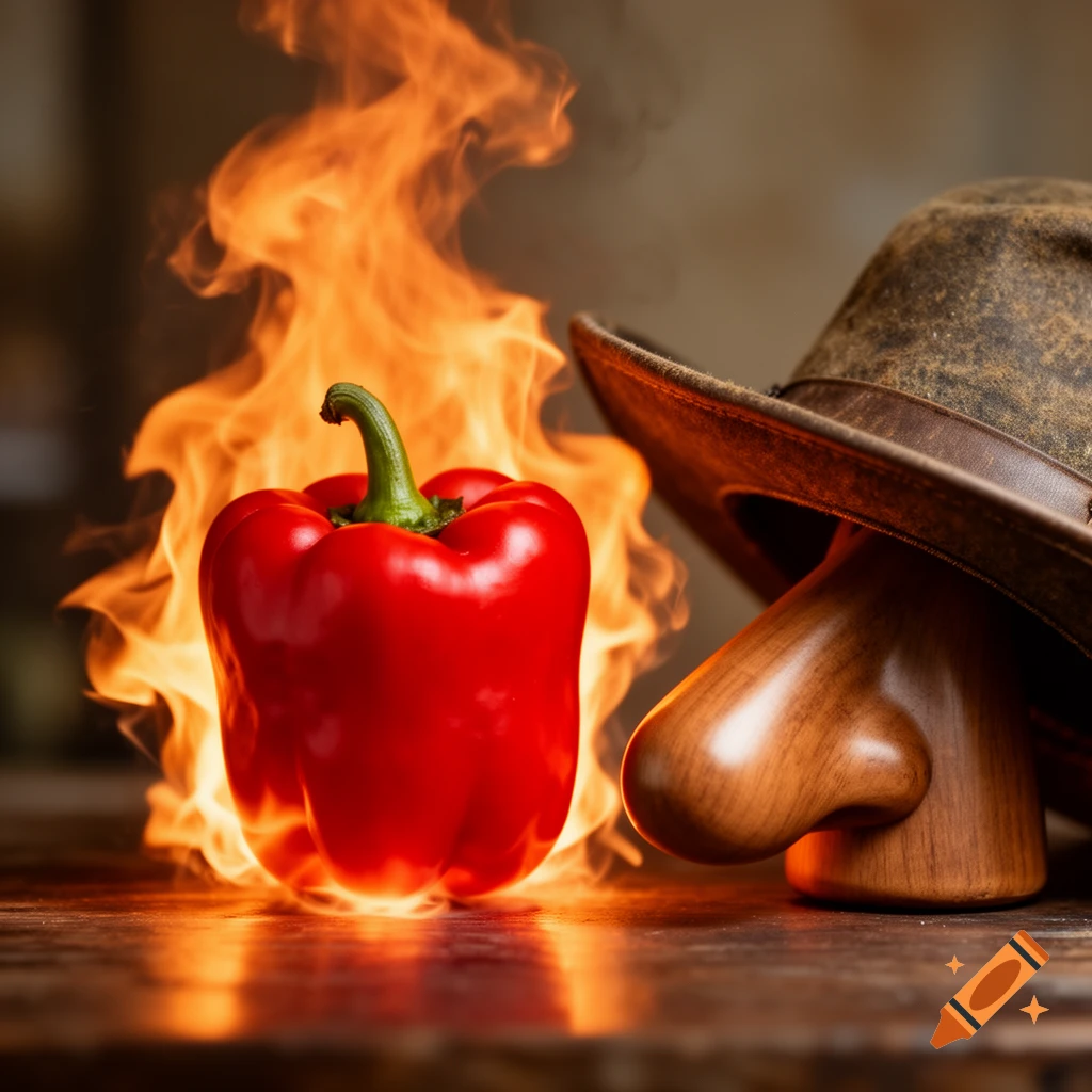 A vibrant red bell pepper is engulfed in flames on a wooden surface next to a wooden nose wearing a fedora.