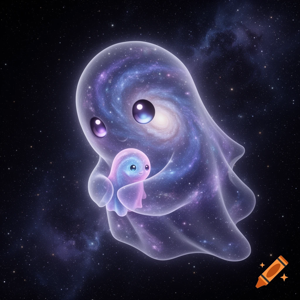 A cute, translucent, purple and blue galaxy ghost floats in space, gently holding a smaller, similar baby galaxy ghost.