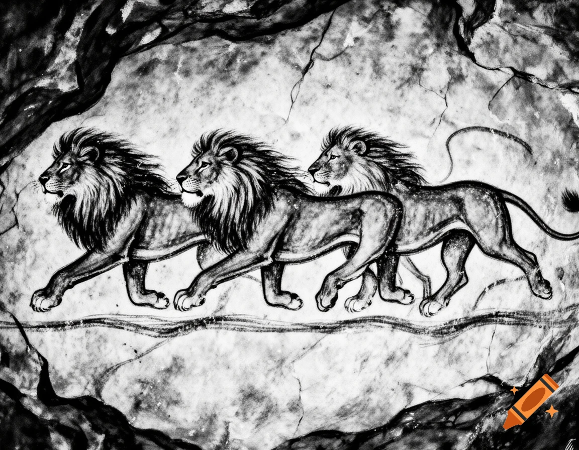 Three running lions depicted in a black and white cave painting style on a textured rock wall.
