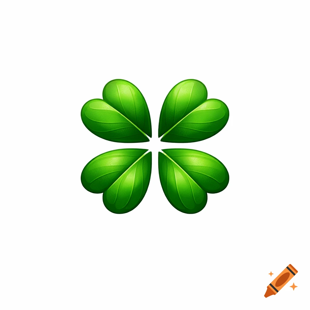 A stylized four-leaf clover with vibrant green leaves, each shaped like a heart, on a white background.