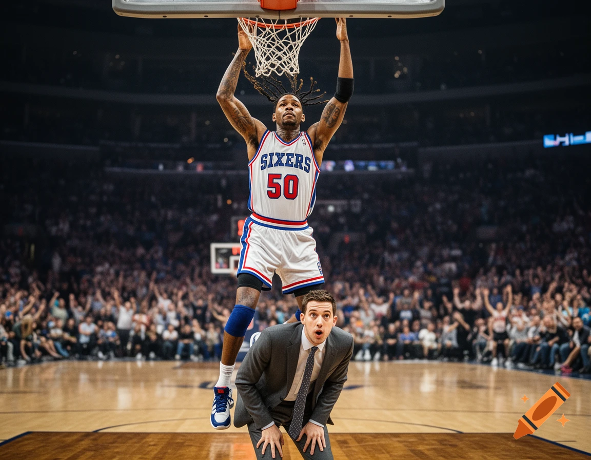 A basketball player in a white 'SIXERS 50' jersey dunks over a wide-eyed man in a suit on a basketball court, with a cheering crowd in the background.
