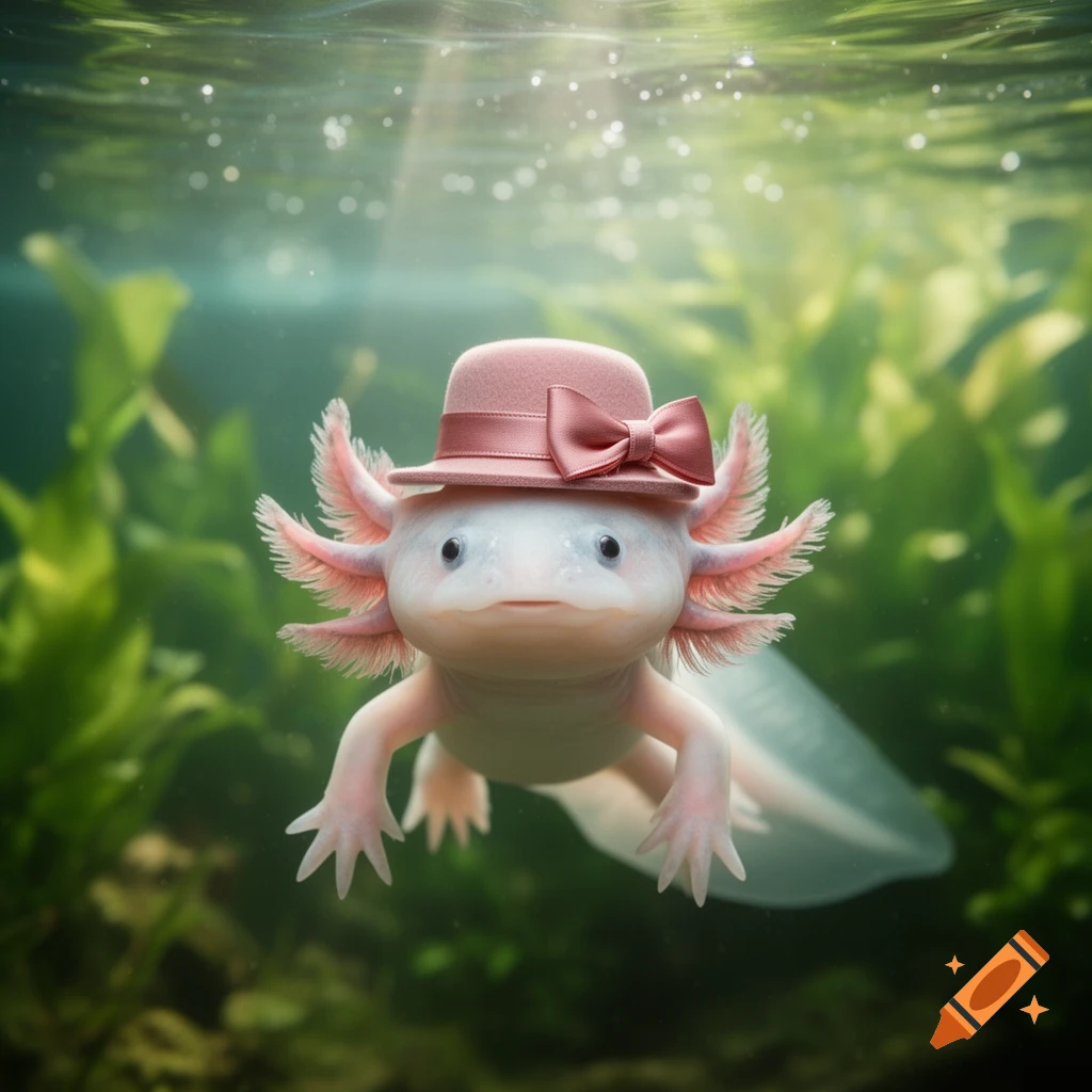 A cute light pink axolotl wearing a pink hat with a bow, swimming underwater with green plants and sunbeams.
